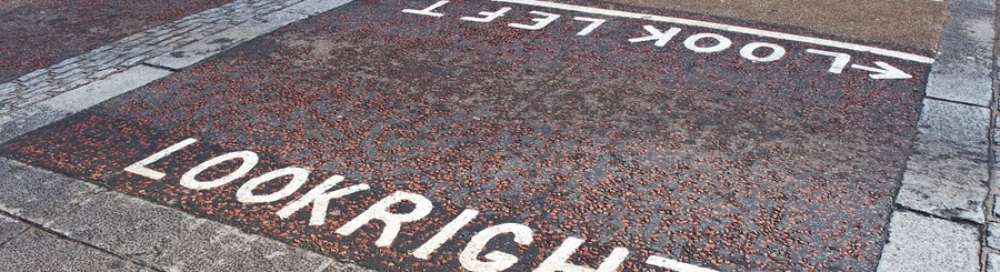 Images of a cross walk: look left, look right