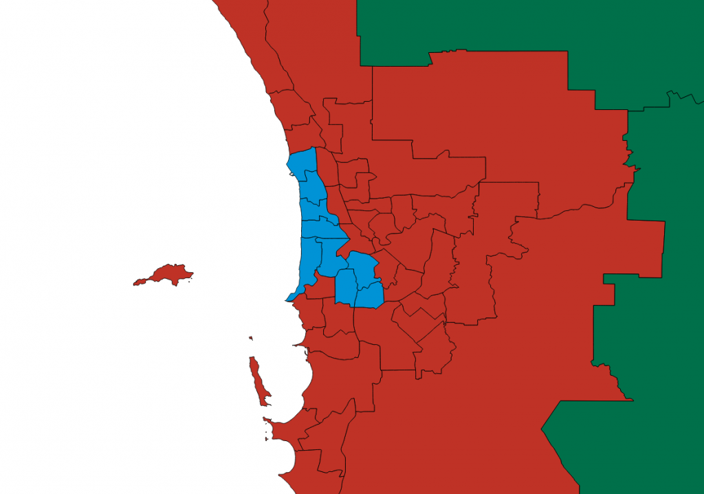 An unlabelled map of the WA 2017 electoral results. 